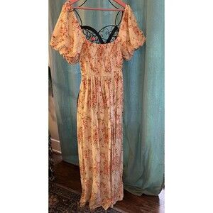 Forever 21 Maxi Rayon Linen Blend Dress Cream Orange Floral Size Large